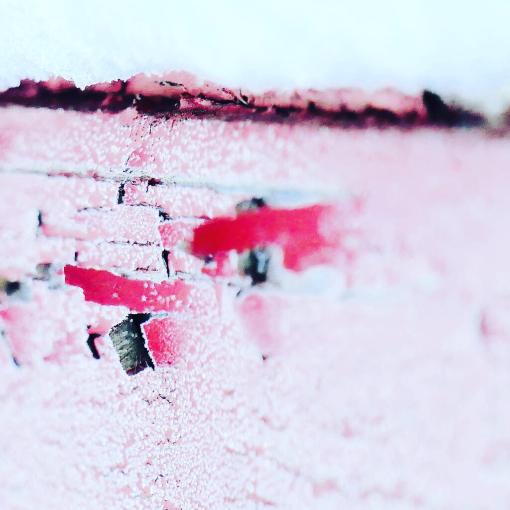 Photo of peeling paint on a ice covered sauna in the Kvarken Archipelago by Mårten Björkgren.