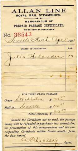 Julia Helanders 1901 passage receipt