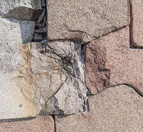 Closeup of damage sustained from cannonball at Bomarsund Fortress in Åland