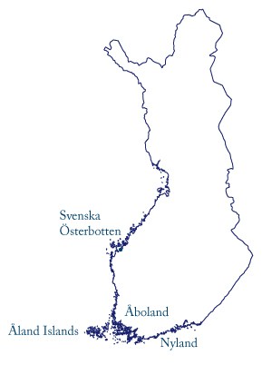 Map showing the four Swedish speaking areas in Finland—Ostrobothnia, Nyland, Åland, and Åboland. These coastal areas have been home to Swedish speakers for centuries.