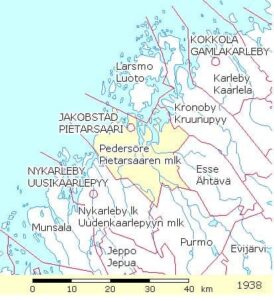Map of parishes in Finland featuring the Pedersore parish